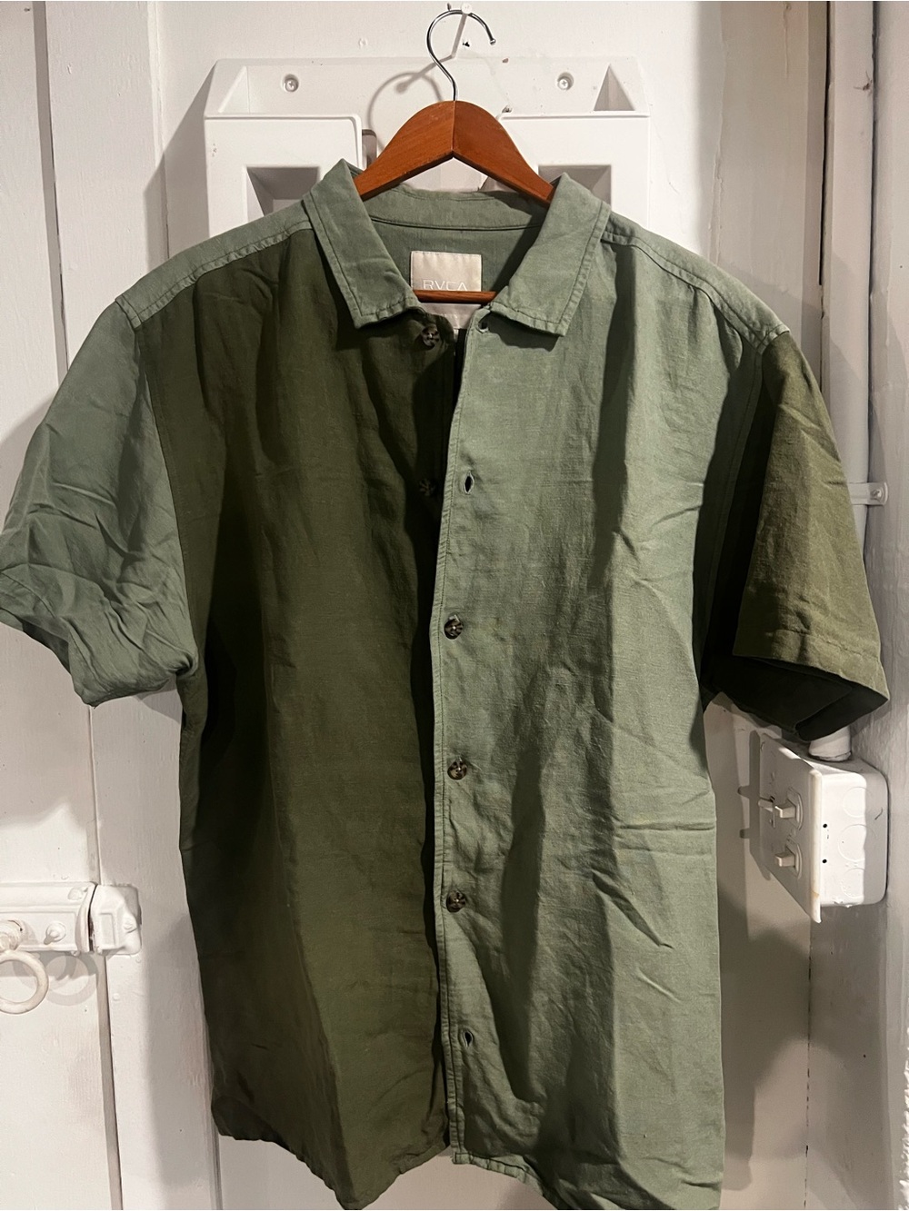 RVCA Two-Tone Olive Green Short Sleeve Button-Up Shirt